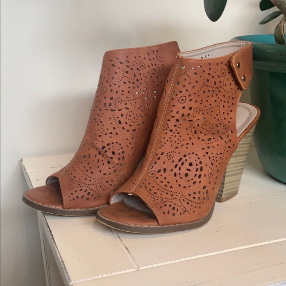 Bohemian peep toe open back heels